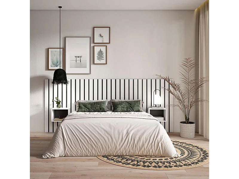 Hoofdeinde, Nachtkastjes, 258x107x3cm, Bed van 150,160,180cm, Lamellenwand, Wit