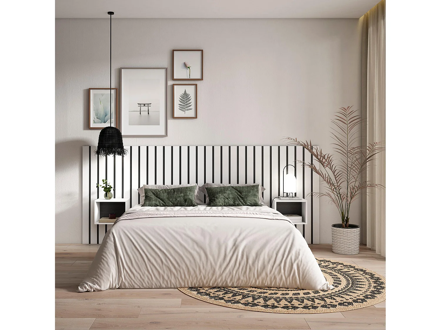 Hoofdeinde, Nachtkastjes, 258x107x3cm, Bed van 150,160,180cm, Lamellenwand, Wit