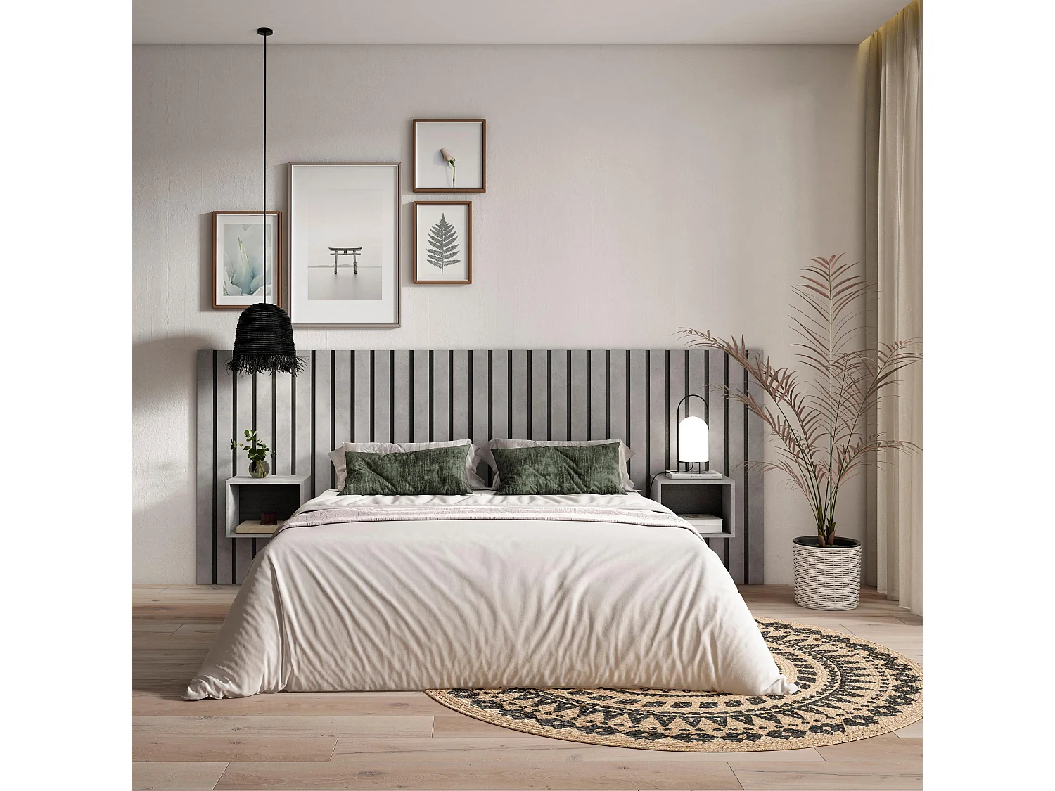 Hoofdeinde, Nachtkastjes, 258x107x3cm, Bed van 150,160,180cm, Lamellenwand, Cement