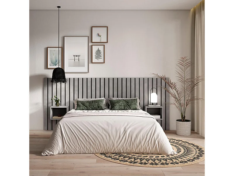 Hoofdeinde, Nachtkastjes, 258x107x3cm, Bed van 150,160,180cm, Lamellenwand, Cement