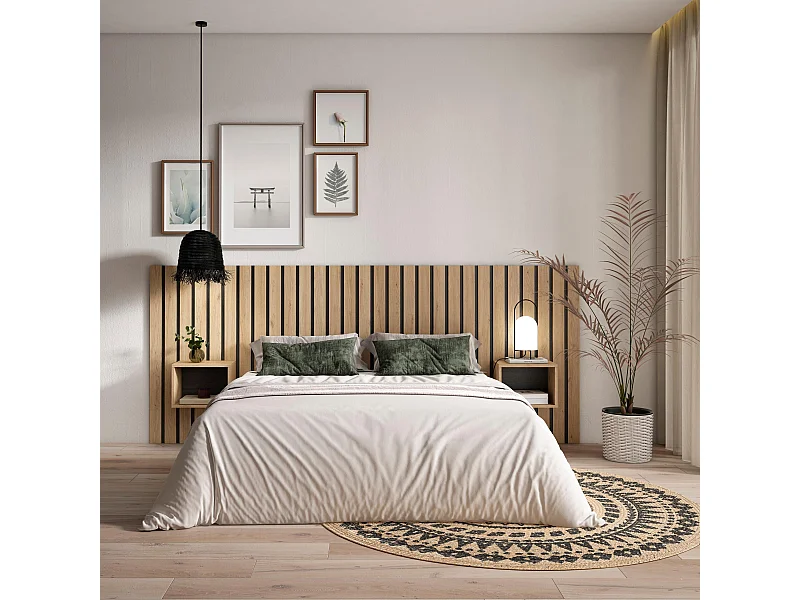 Hoofdeinde, Nachtkastjes, 258x107x3cm, Bed van 150,160,180cm, Lamellenwand, Eiken