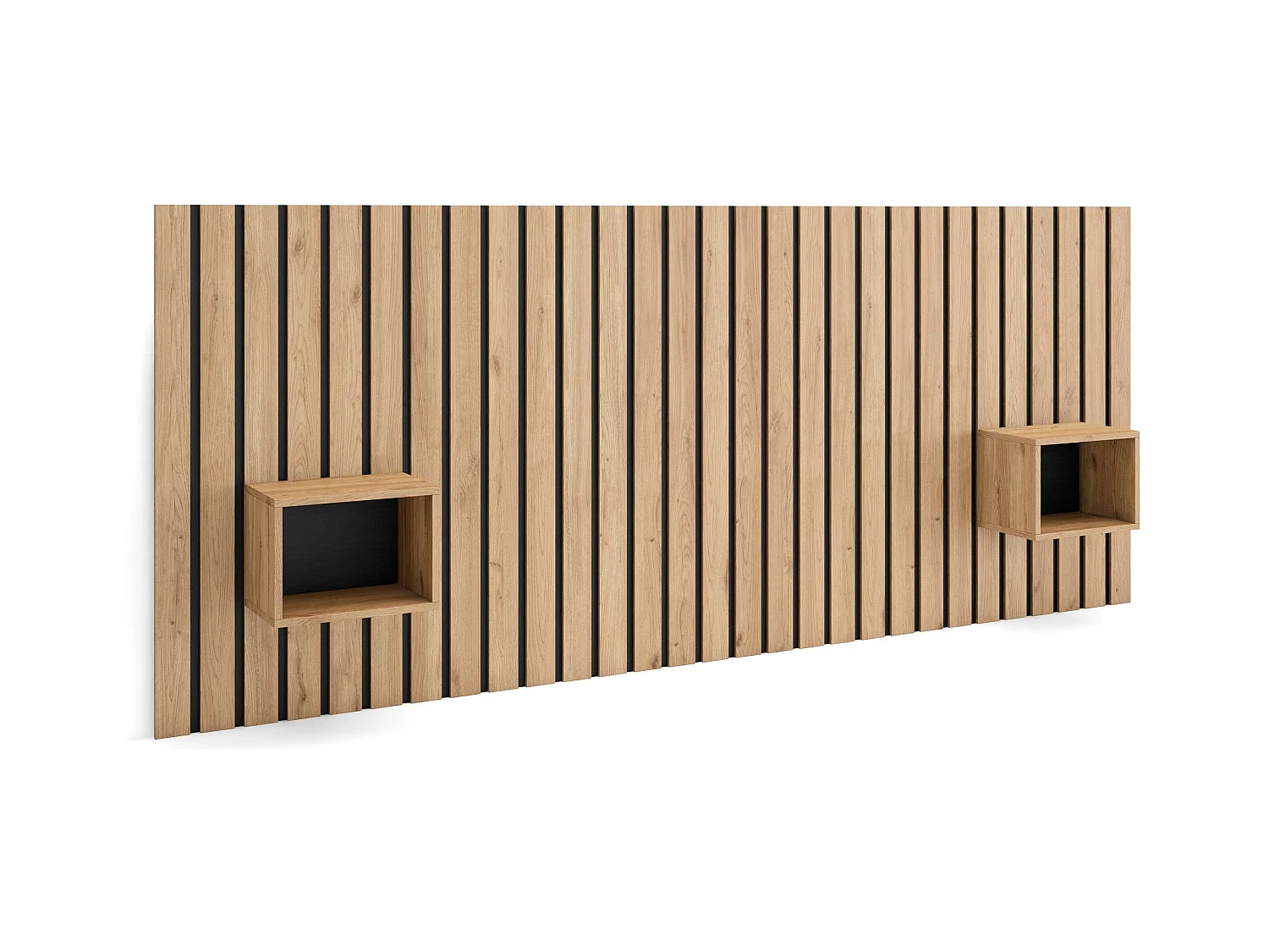 Hoofdeinde, Nachtkastjes, 258x107x3cm, Bed van 150,160,180cm, Lamellenwand, Eiken