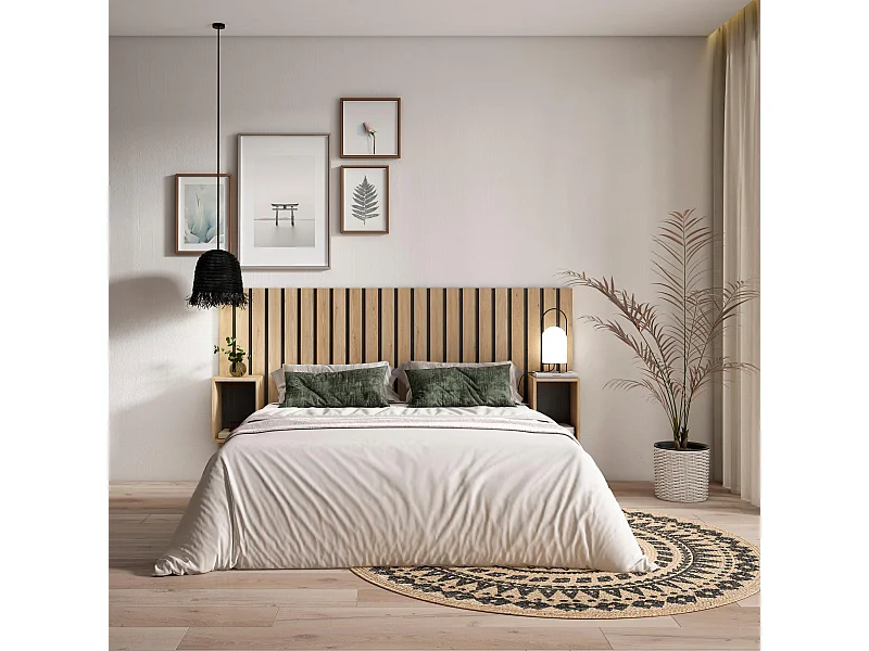 Hoofdeinde, Nachtkastjes, 196x107x3cm, Bed van 120,135,140cm, Lamellenwand, Eiken