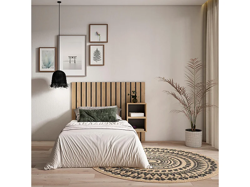 Hoofdeinde, Nachtkastjes, 133x107x3cm, Bed van 80,90,110cm, Lamellenwand, Eiken