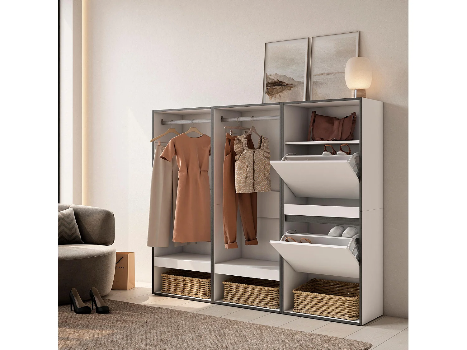 Armoire Vestiaire ouvert, 180x35x145 cm, Chambre à coucher, pièce, Meuble à Chaussures, Blanc