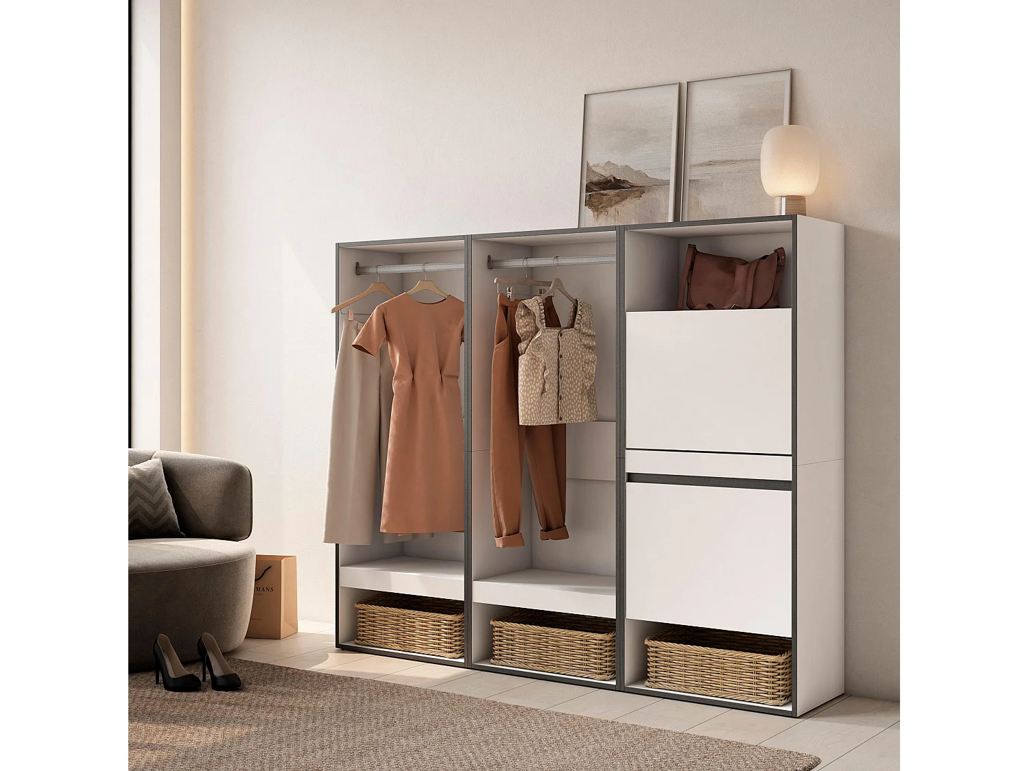 Roupeiro aberto, 180x35x145cm, Para quarto, dormitório, Sapateira, Branco