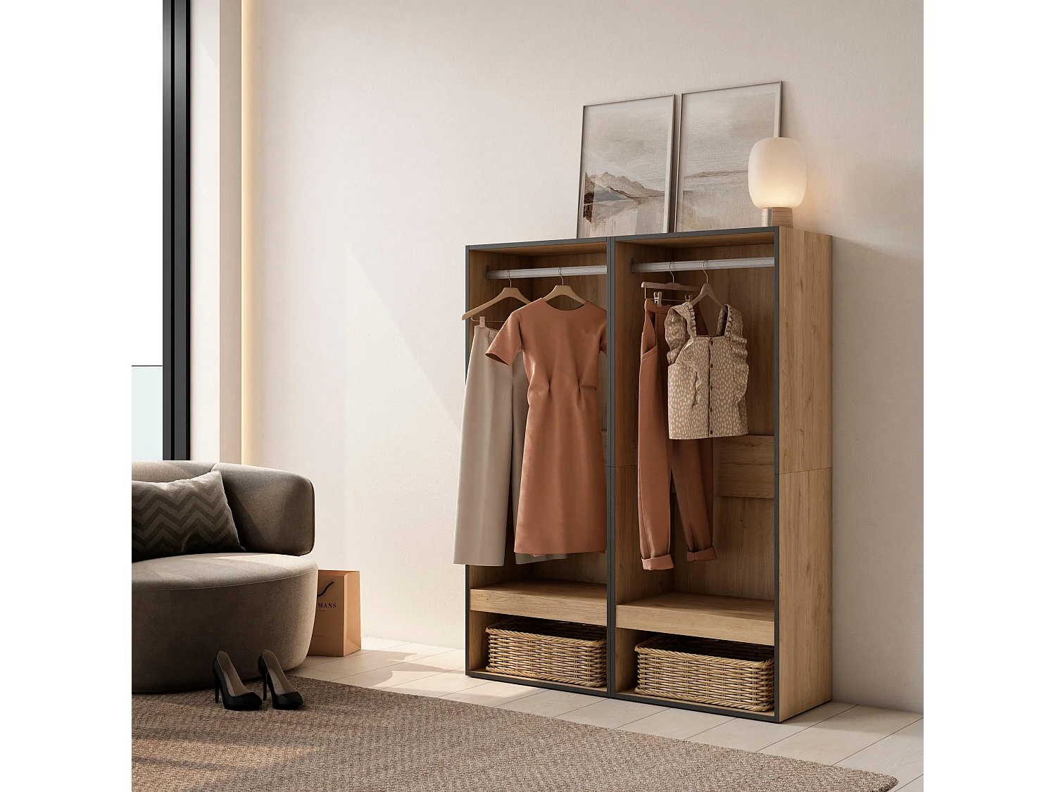 Armadio Aperto, 120x35x145cm, Camera da letto, stanza, Vestiti, scarpe, Rovere
