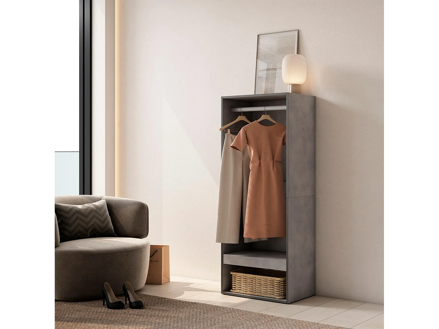 Armadio Aperto, 60x35x145cm, Camera da letto, stanza, Vestiti, scarpe, Cemento