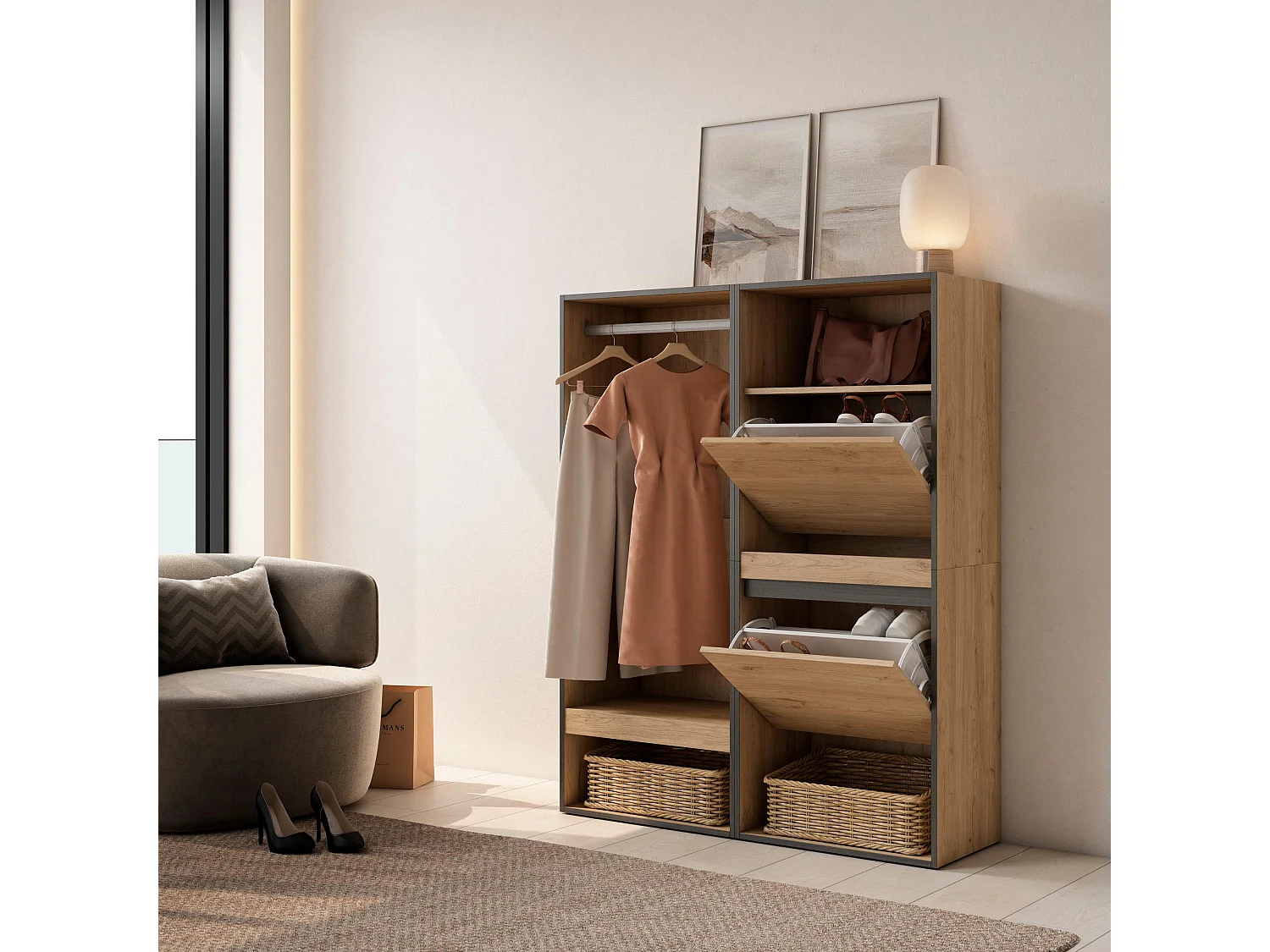 Armoire Vestiaire ouvert, 120x35x145 cm, Chambre à coucher, pièce, Meuble à Chaussures, Chêne