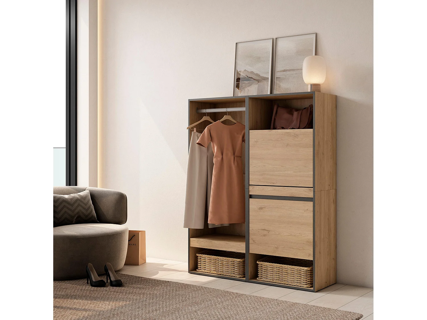 Armoire Vestiaire ouvert, 120x35x145 cm, Chambre à coucher, pièce, Meuble à Chaussures, Chêne