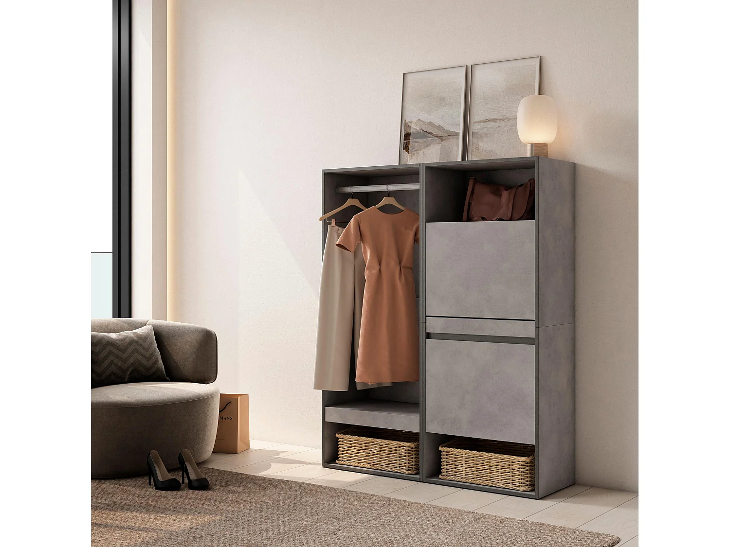Armoire Vestiaire ouvert, 120x35x145 cm, Chambre à coucher, pièce, Meuble à Chaussures, Ciment