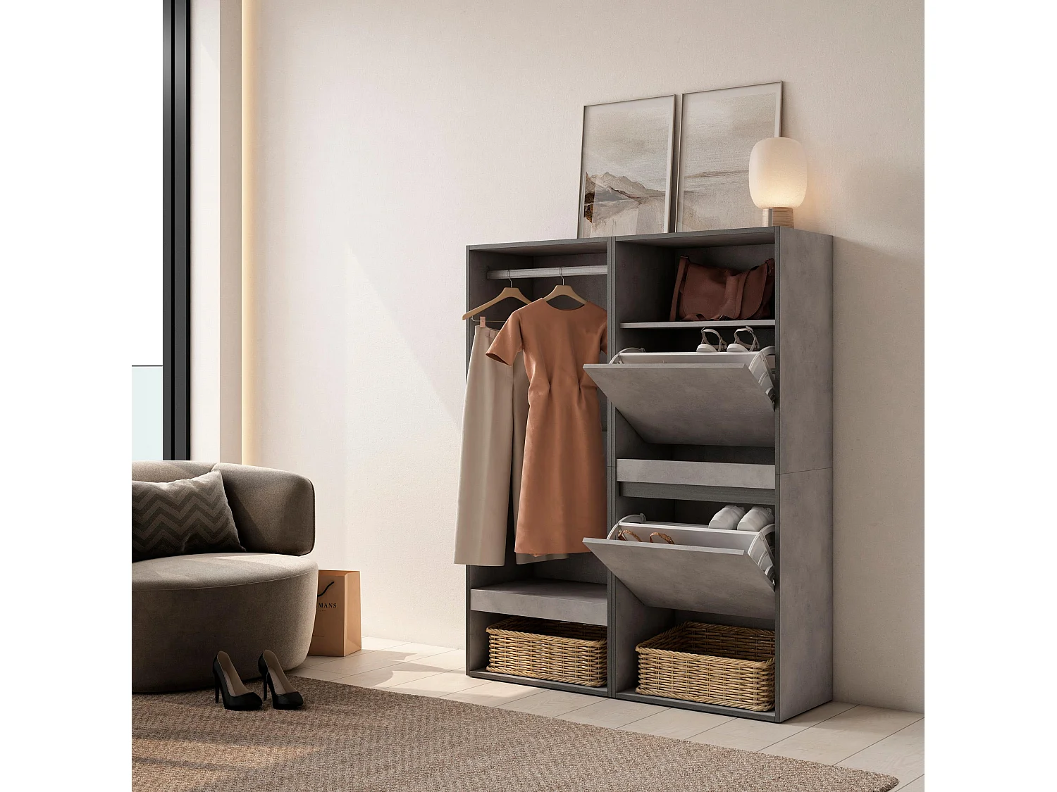 Armoire Vestiaire ouvert, 120x35x145 cm, Chambre à coucher, pièce, Meuble à Chaussures, Ciment