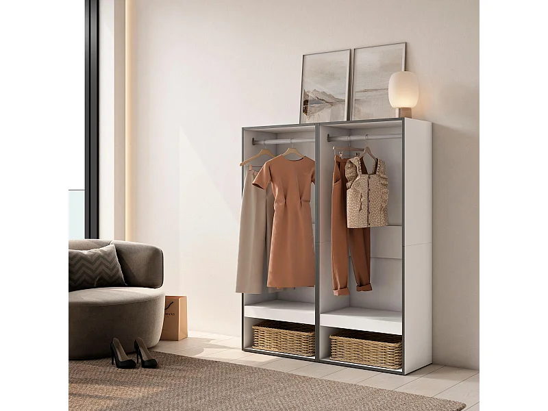 Open Kledingkast, 120x35x145cm, Voor slaapkamer, kamer, Kleren, Schoenen, Wit