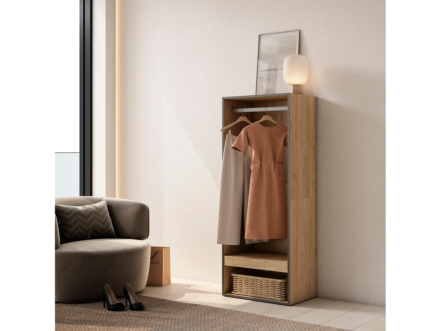 Armadio Aperto, 60x35x145cm, Camera da letto, stanza, Vestiti, scarpe, Rovere