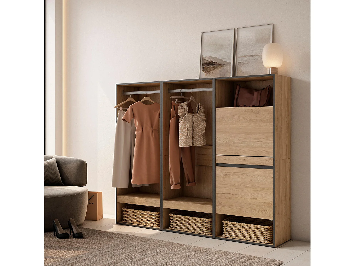 Open Kledingkast, 180x35x145cm, Voor slaapkamer, kamer, Schoenenkast, Eiken