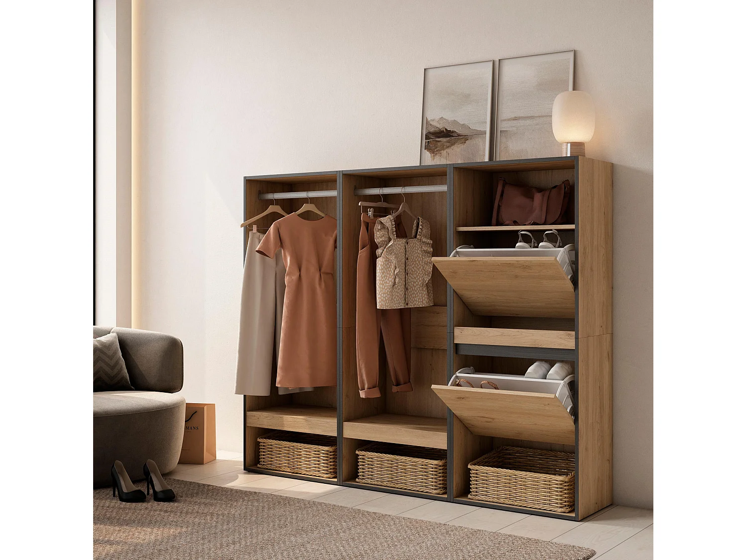 Armoire Vestiaire ouvert, 180x35x145 cm, Chambre à coucher, pièce, Meuble à Chaussures, Chêne