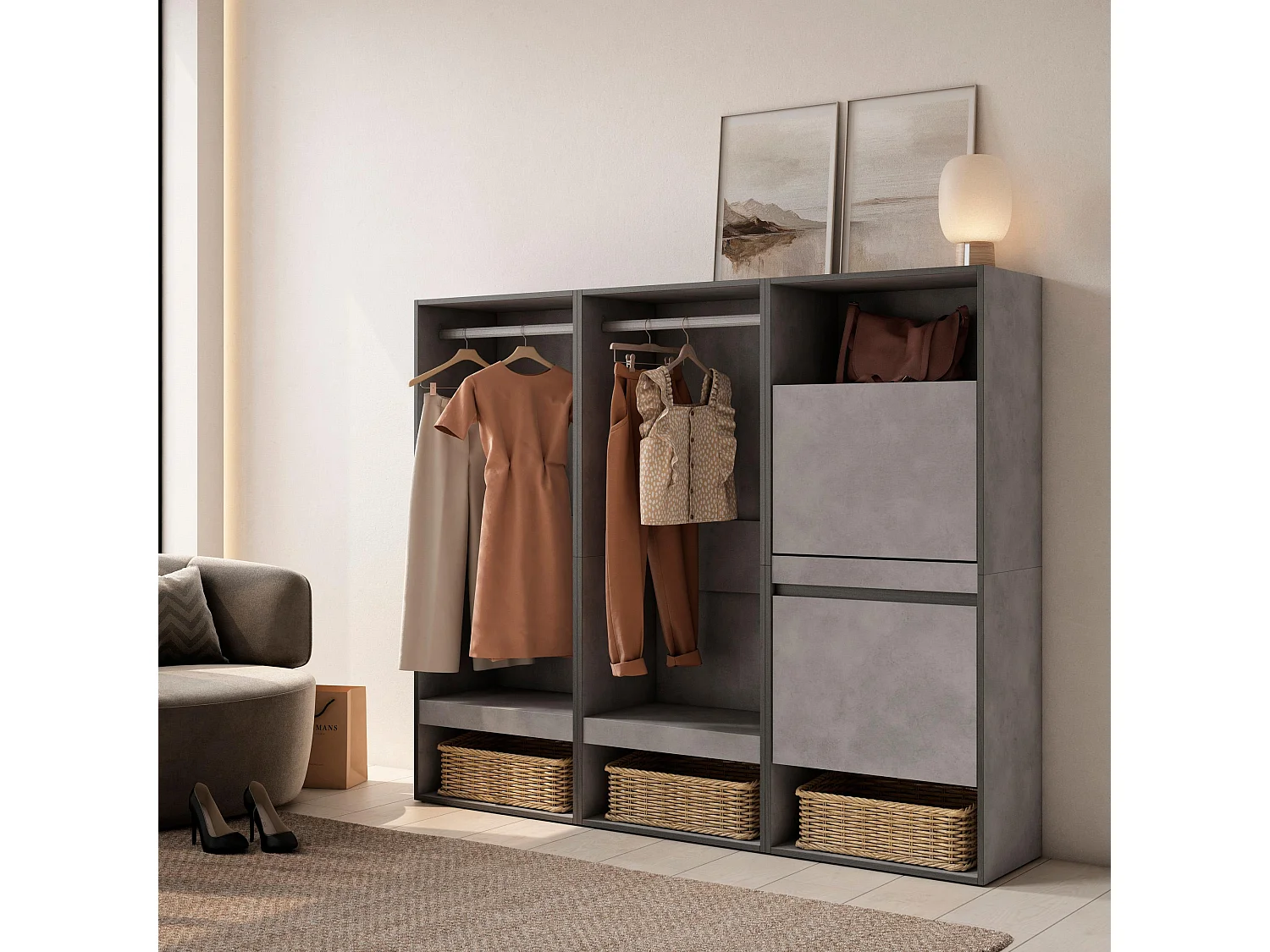 Roupeiro aberto, 180x35x145cm, Para quarto, dormitório, Sapateira, Cimento