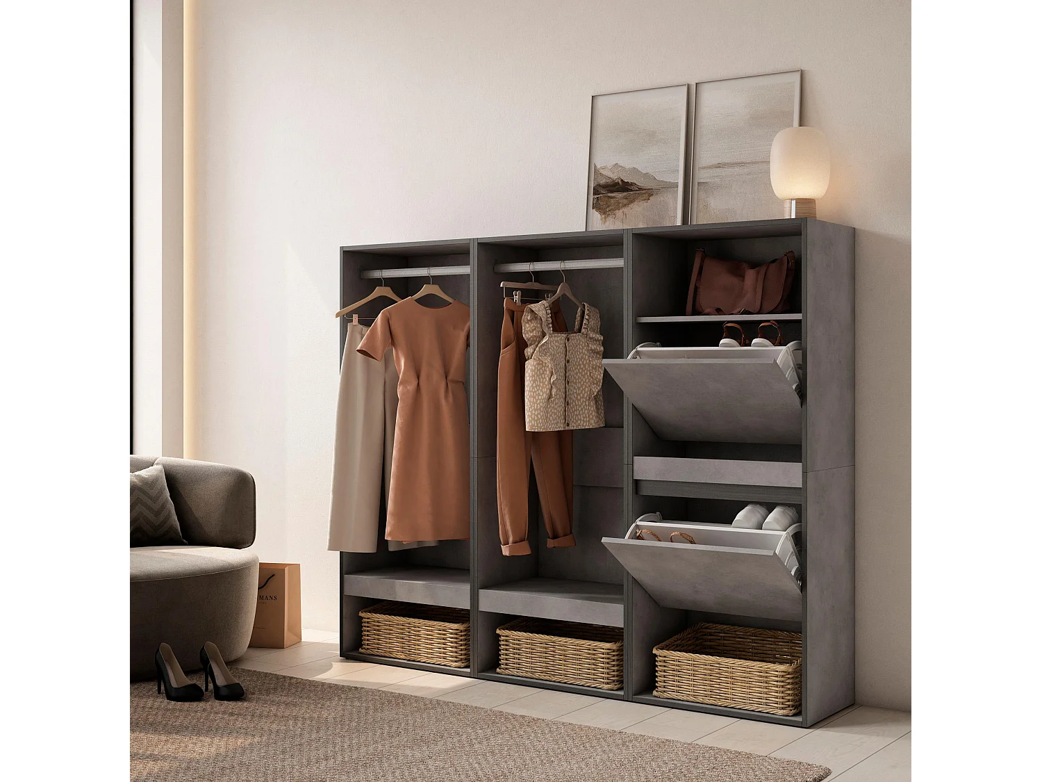 Roupeiro aberto, 180x35x145cm, Para quarto, dormitório, Sapateira, Cimento