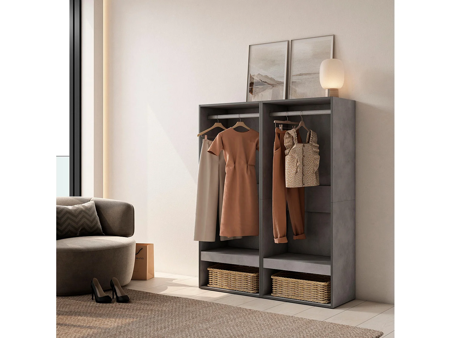 Armoire Vestiaire ouvert, 120x35x145 cm, Chambre à coucher, pièce, Vêtement, Dressing, Ciment