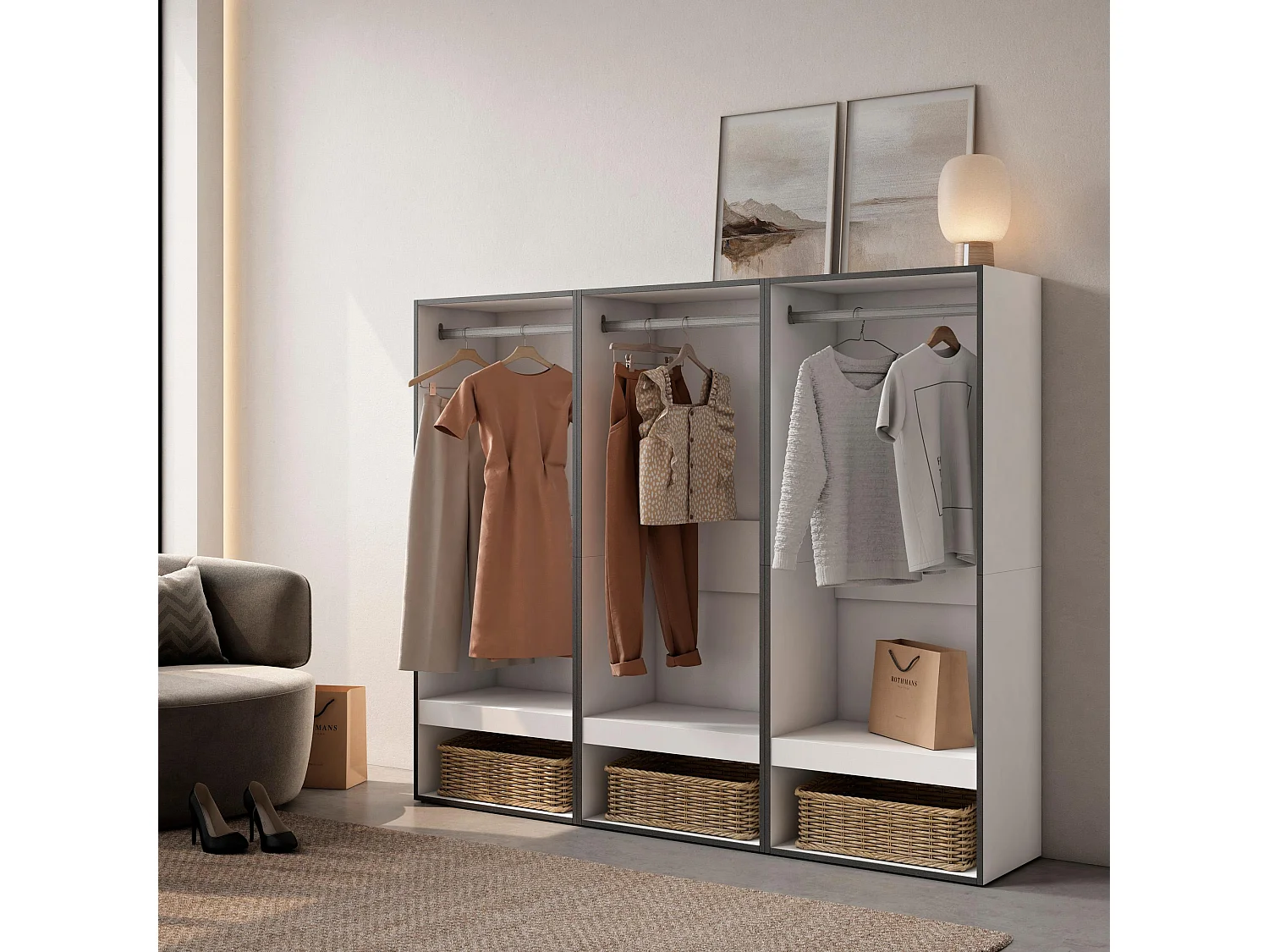 Open Kledingkast, 180x35x145cm, Voor slaapkamer, kamer, Kleren, Schoenen, Wit