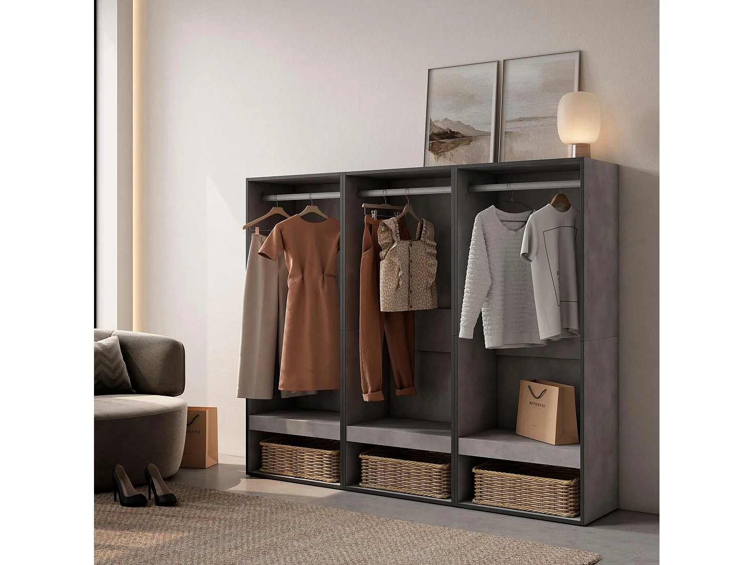 Vestidor abierto, 180x35x145cm, Dormitorio, habitación, Armario, perchero, Cemento