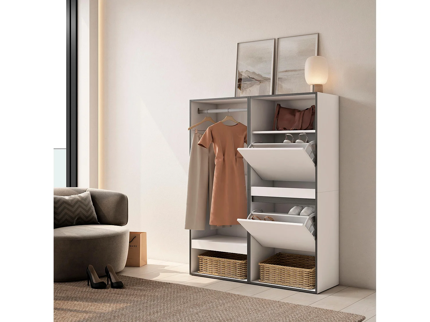 Armoire Vestiaire ouvert, 120x35x145 cm, Chambre à coucher, pièce, Meuble à Chaussures, Blanc