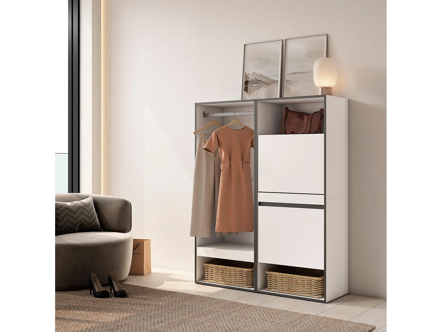 Vestidor abierto, 120x35x145cm, Dormitorio, habitación, Zapatero, Blanco