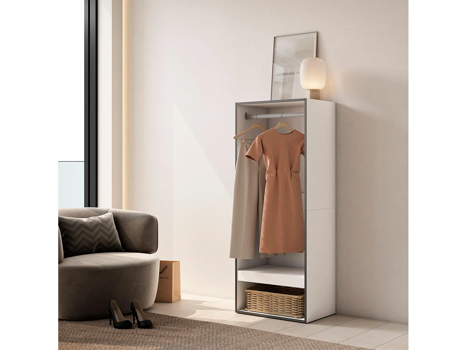 Open Kledingkast, 60x35x145cm, Voor slaapkamer, kamer, Kleren, Schoenen, Wit