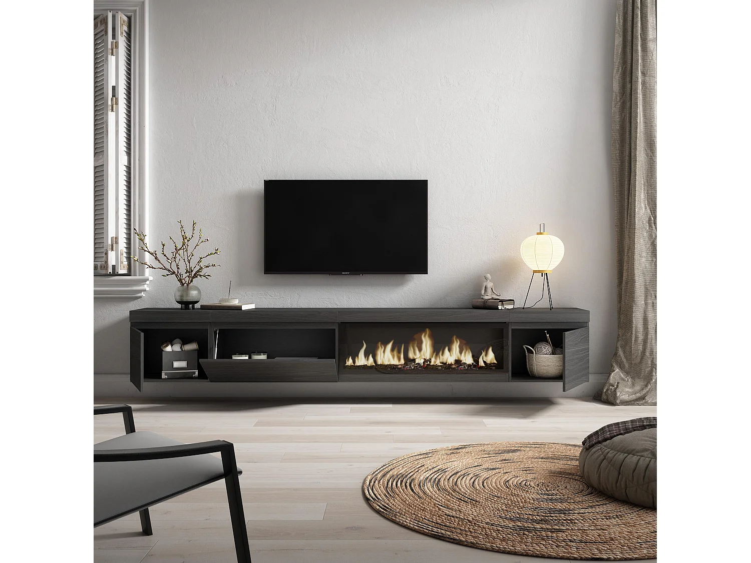 TV-Meubel, Lowboard, 288x35x45cm, Groot formaat TV, Elektrische haard XXL, Hangend, Zwart