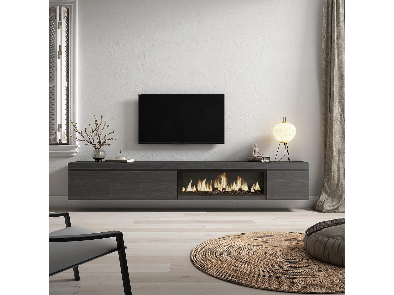 Meuble TV, Banc Télé, 288x35x45 cm, TV grand format, Cheminée électrique XXL, Suspendu, Mural, Noir