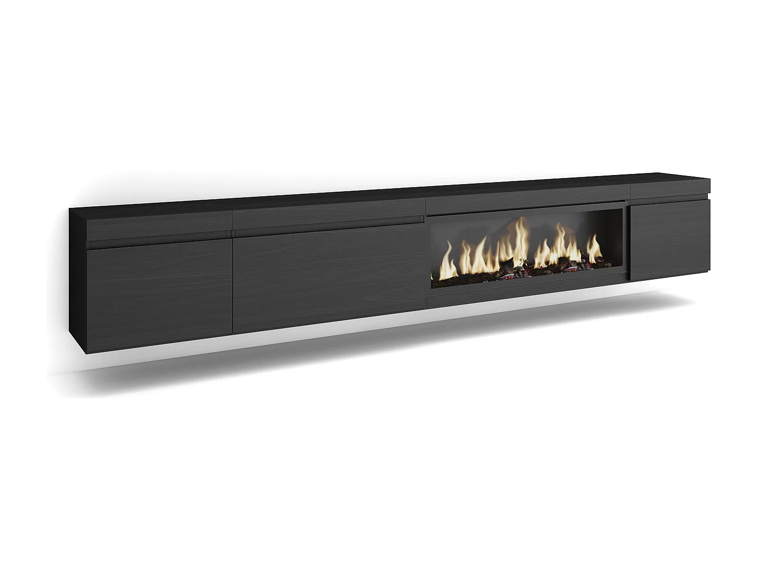 TV-Meubel, Lowboard, 288x35x45cm, Groot formaat TV, Elektrische haard XXL, Hangend, Zwart