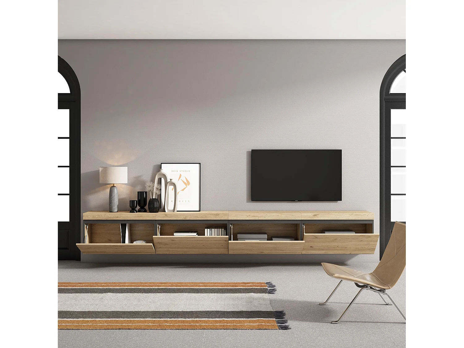 TV-Meubel, Lowboard, 320x35x45cm, Groot formaat TV, Hangend, Eiken