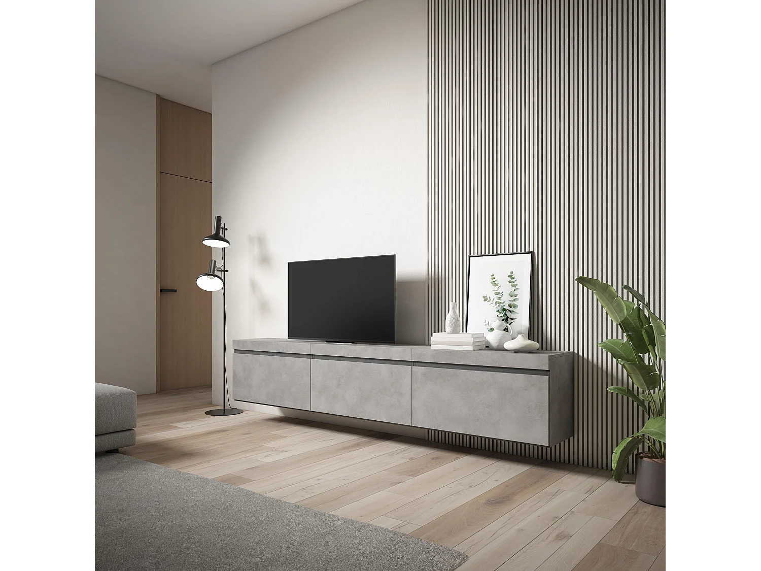 Meuble TV, Banc Télé, 240x35x45 cm, Suspendu, Mural, Ciment