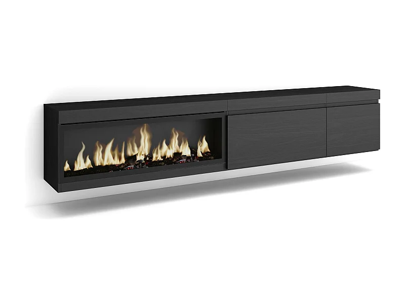 Mueble TV, Televisión, 237x35x45cm, Para TV gran formato, Chimenea eléctrica XXL, Colgado, Suspendido, Negro