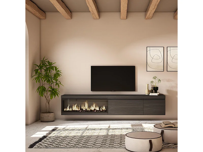 Meuble TV, Banc Télé, 237x35x45 cm, TV grand format, Cheminée électrique XXL, Suspendu, Mural, Noir