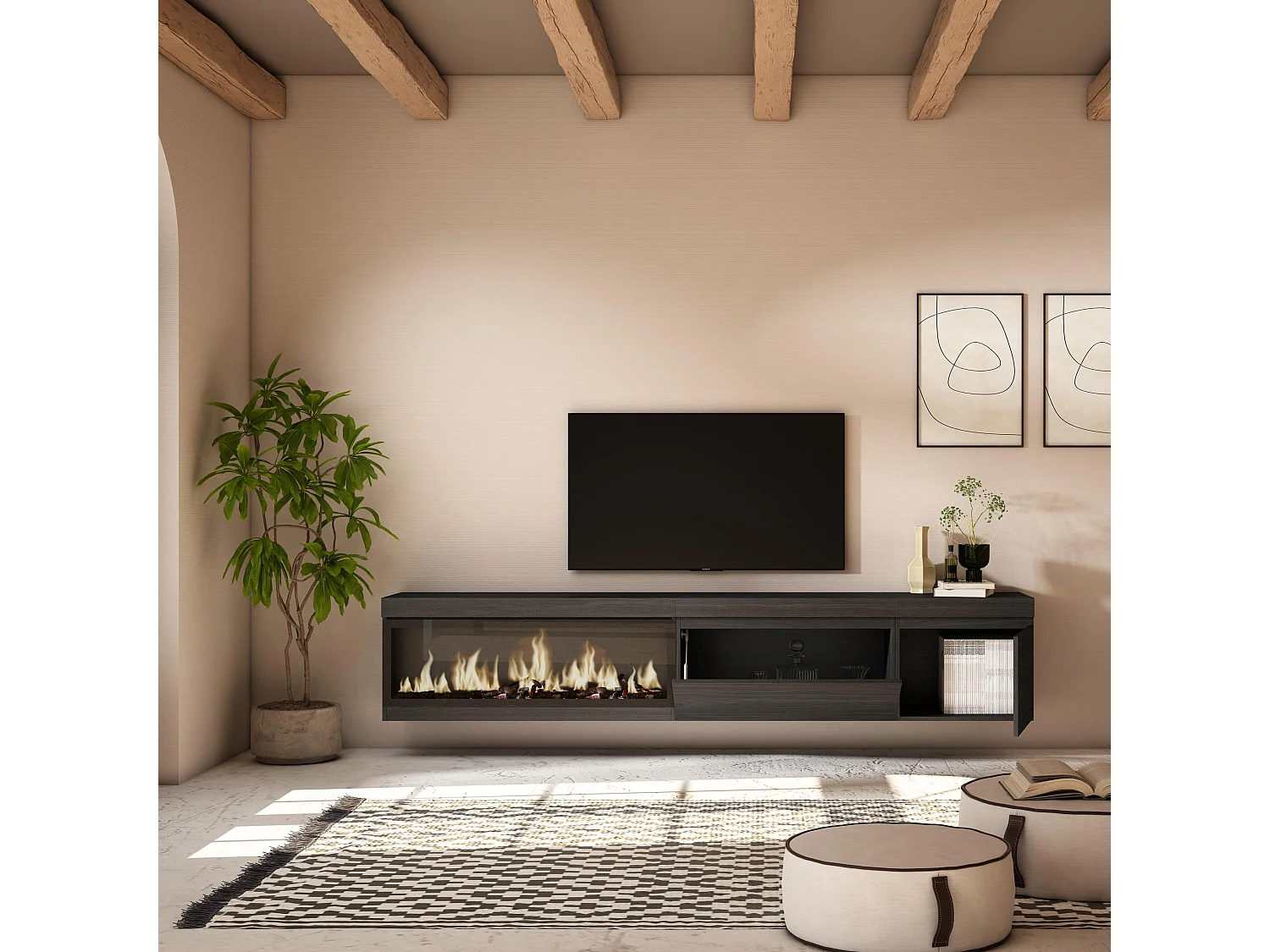 TV-Schrank, Lowboard, 237x35x45cm, Für großformatiges TV, Elektrokamin XXL, Hängend, Schwarz