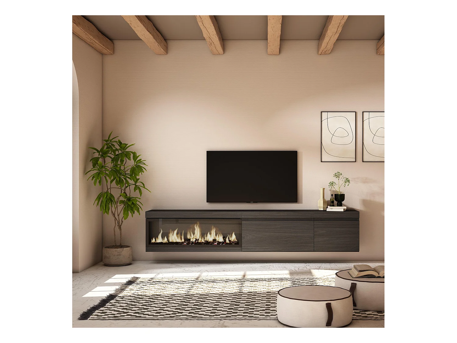 TV-Meubel, Lowboard, 237x35x45cm, Groot formaat TV, Elektrische haard XXL, Hangend, Zwart