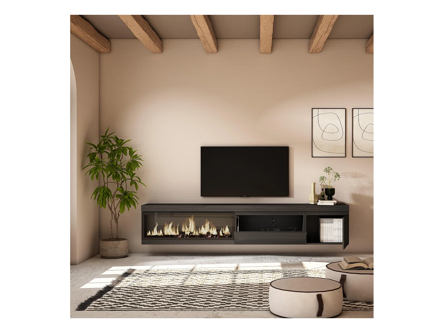 TV-Meubel, Lowboard, 237x35x45cm, Groot formaat TV, Elektrische haard XXL, Hangend, Zwart