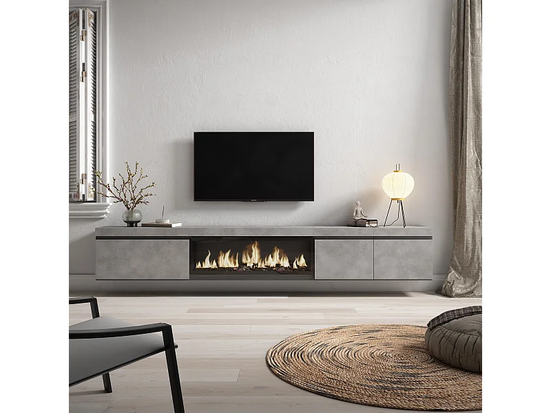 Meuble TV, Banc Télé, 288x35x45 cm, TV grand format, Cheminée électrique XXL, Suspendu, Mural, Ciment