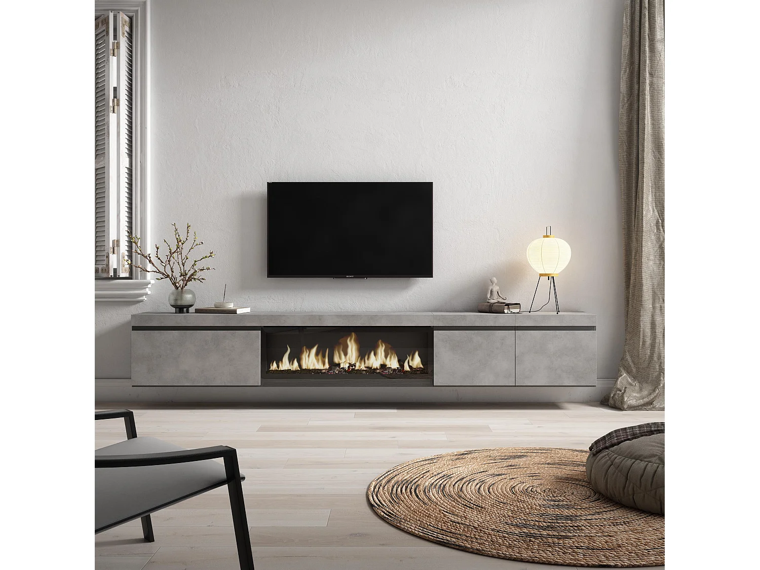 Meuble TV, Banc Télé, 288x35x45 cm, TV grand format, Cheminée électrique XXL, Suspendu, Mural, Ciment