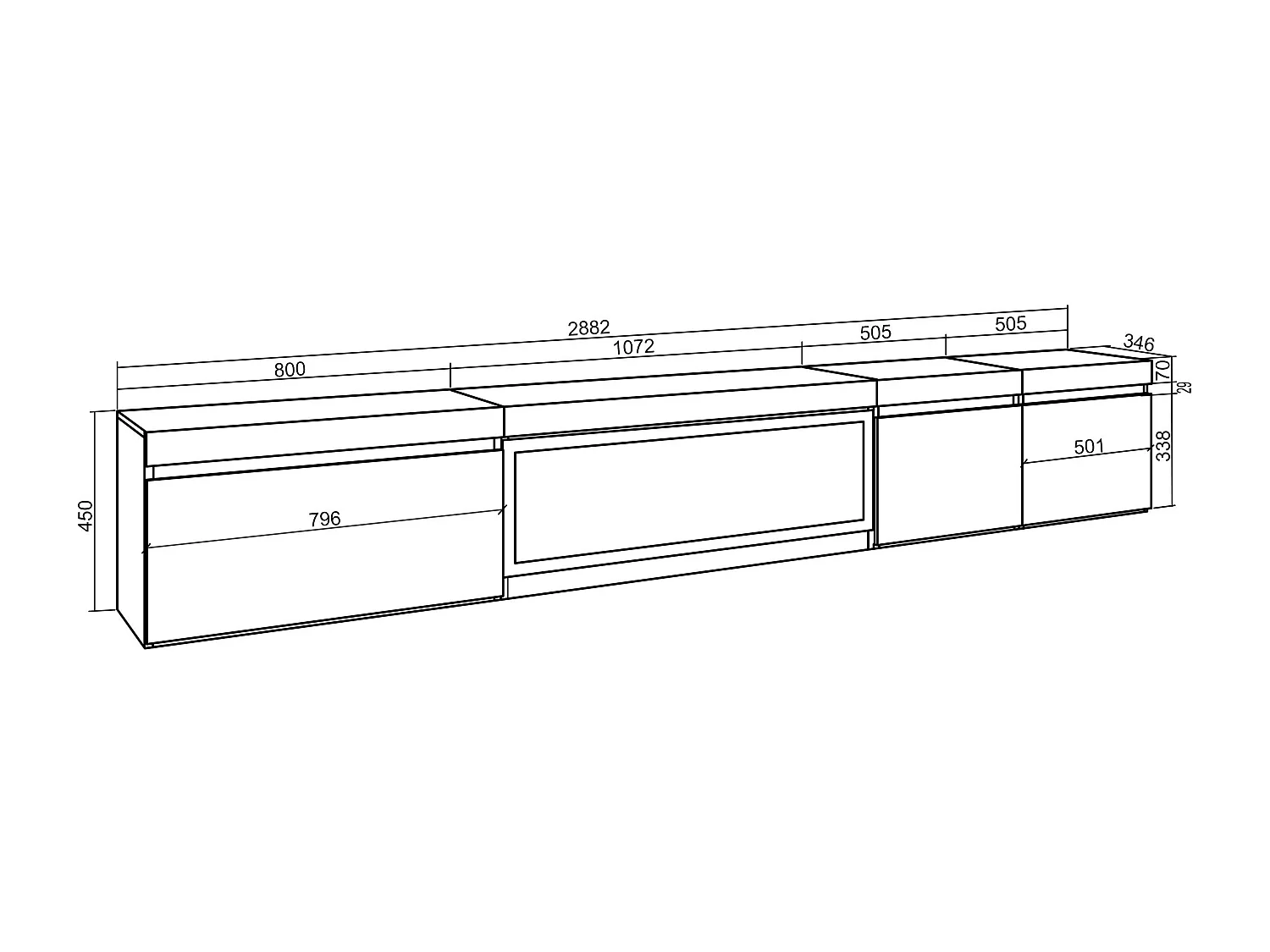 Meuble TV, Banc Télé, 288x35x45 cm, TV grand format, Cheminée électrique XXL, Suspendu, Mural, Ciment