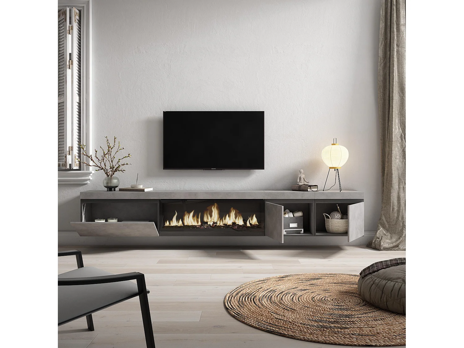 TV-Meubel, Lowboard, 288x35x45cm, Groot formaat TV, Elektrische haard XXL, Hangend, Cement