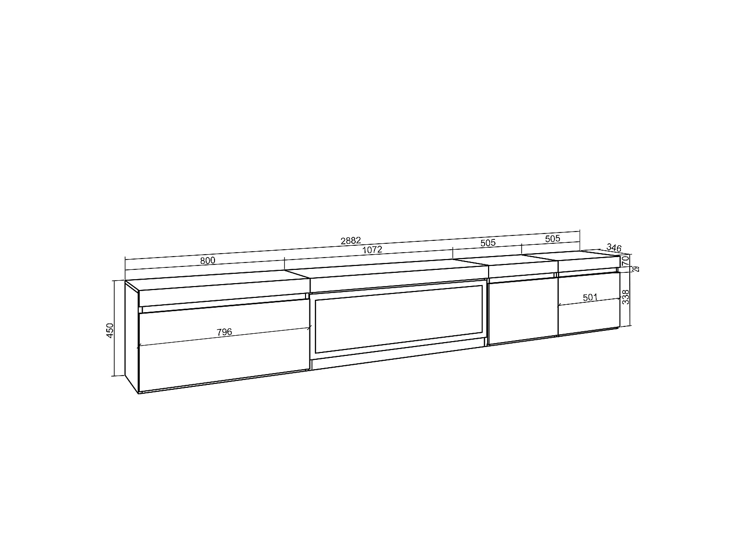 TV-Meubel, Lowboard, 288x35x45cm, Groot formaat TV, Elektrische haard XXL, Hangend, Cement