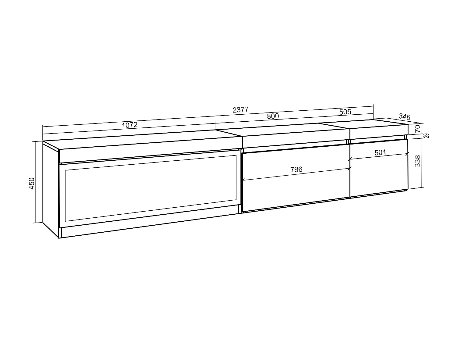 TV-Meubel, Lowboard, 237x35x45cm, Groot formaat TV, Elektrische haard XXL, Hangend, Cement
