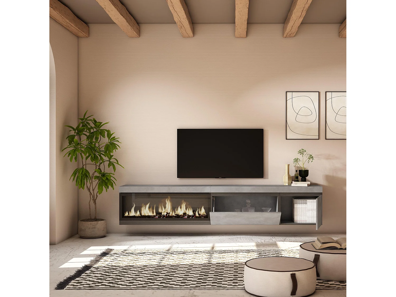 Meuble TV, Banc Télé, 237x35x45 cm, TV grand format, Cheminée électrique XXL, Suspendu, Mural, Ciment