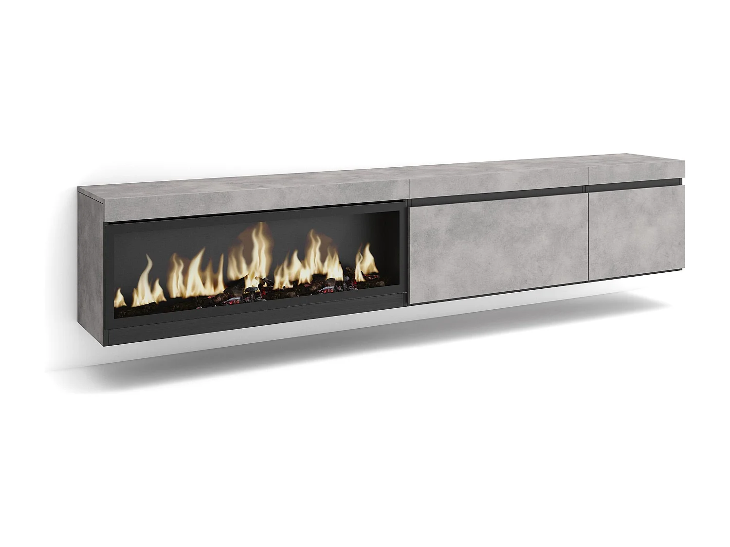 TV-Meubel, Lowboard, 237x35x45cm, Groot formaat TV, Elektrische haard XXL, Hangend, Cement