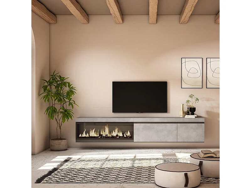 TV-Meubel, Lowboard, 237x35x45cm, Groot formaat TV, Elektrische haard XXL, Hangend, Cement