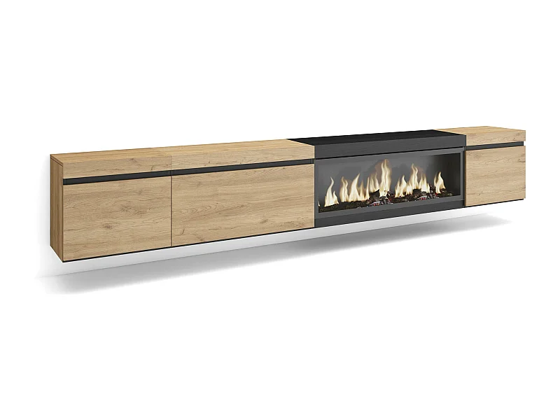TV-Schrank, Lowboard, 288x35x45cm, Für großformatiges TV, Elektrokamin XXL, Hängend, Eiche Schwarz