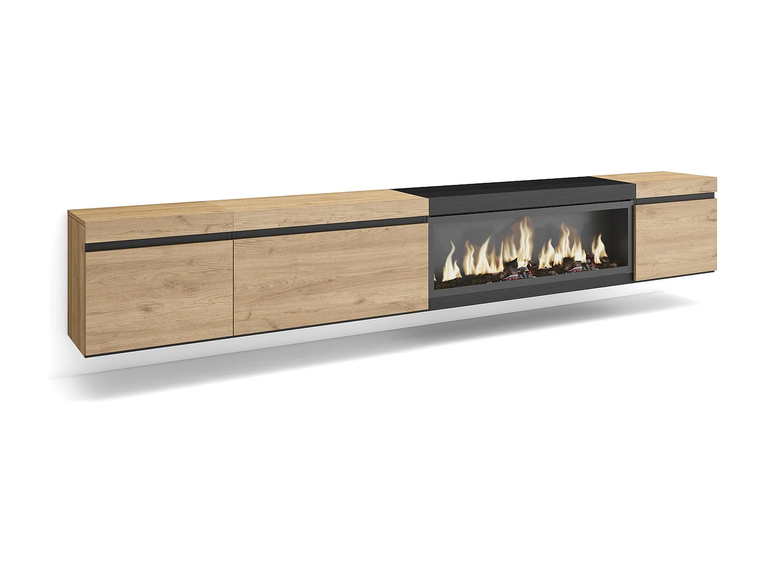 Meuble TV, Banc Télé, 288x35x45 cm, TV grand format, Cheminée électrique XXL, Suspendu, Mural, Chêne et noir