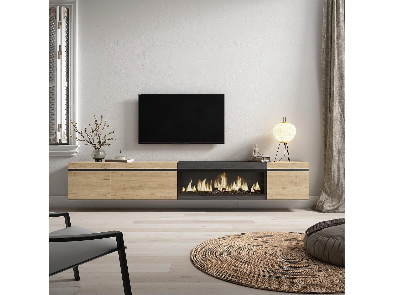 TV-Schrank, Lowboard, 288x35x45cm, Für großformatiges TV, Elektrokamin XXL, Hängend, Eiche Schwarz